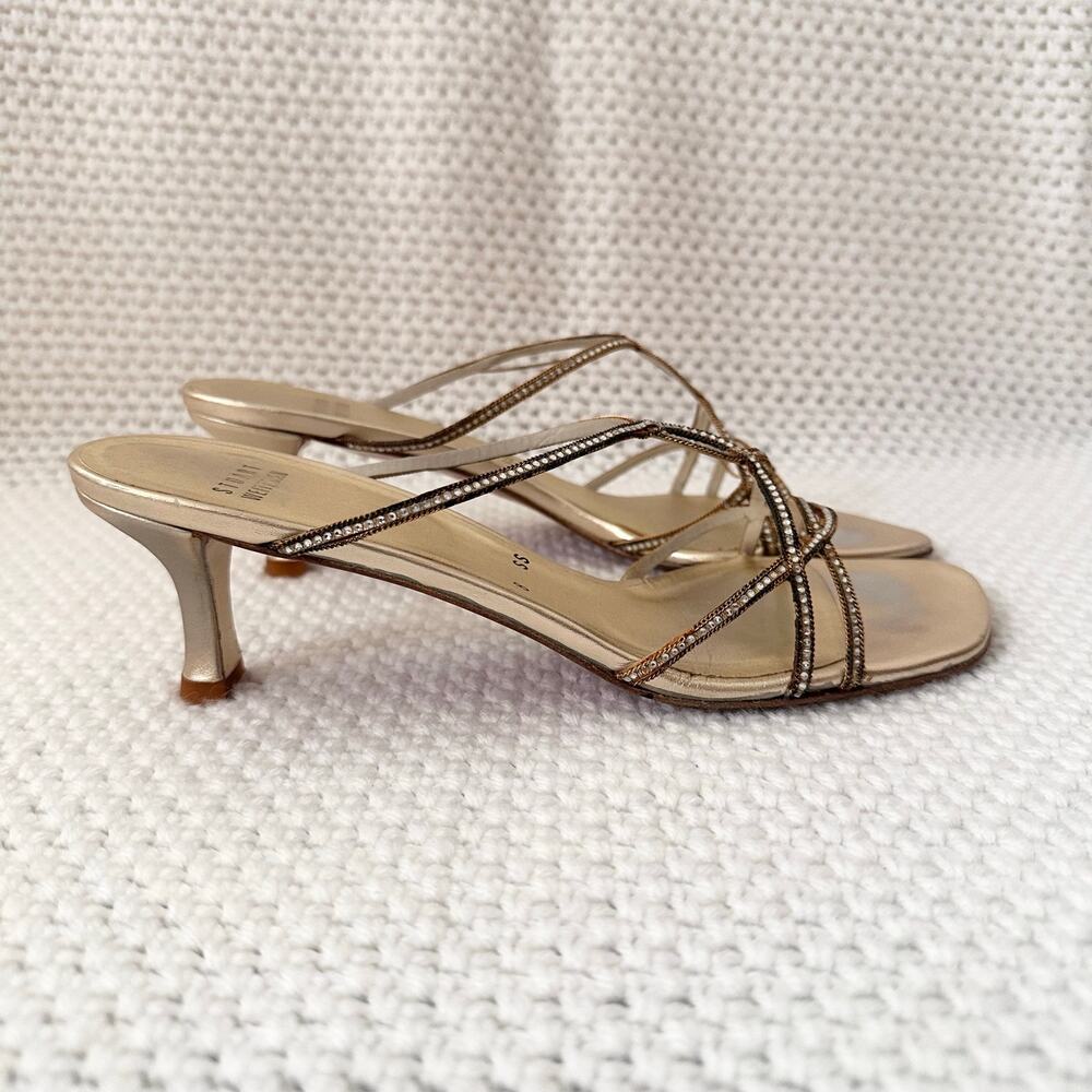 Stuart Weitzman Balance Mule Gold Supple Embellished Kitten Heel Sandals 8N